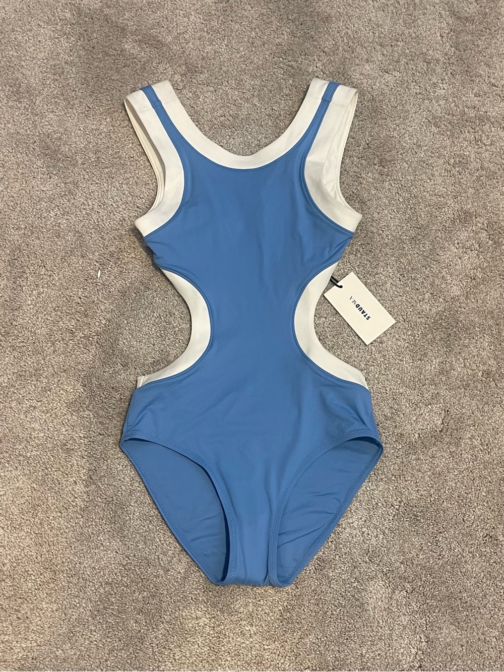NWT STAUD Dolce Blue and White Cutout One-Piece Swimsuit - Picture 4 of 10
